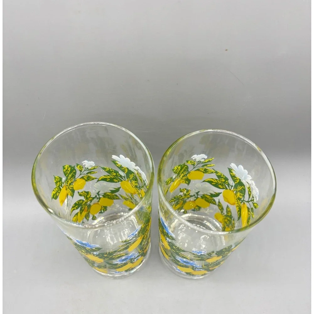 Vtg Royal‎ Norfolk Lemon and Blue Floral Drinking Glasses Set of 2 Tall Tumblers